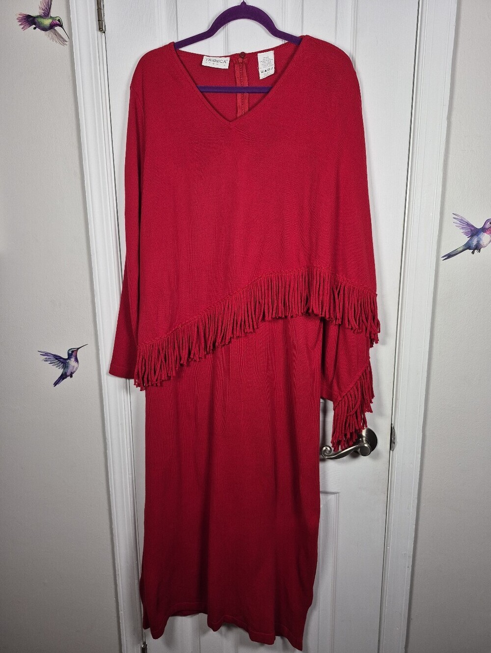 Tribeca Studio Plus Size 1XLWP Red Fringe Maxi Sweater Dress Boho Knit V-Neck